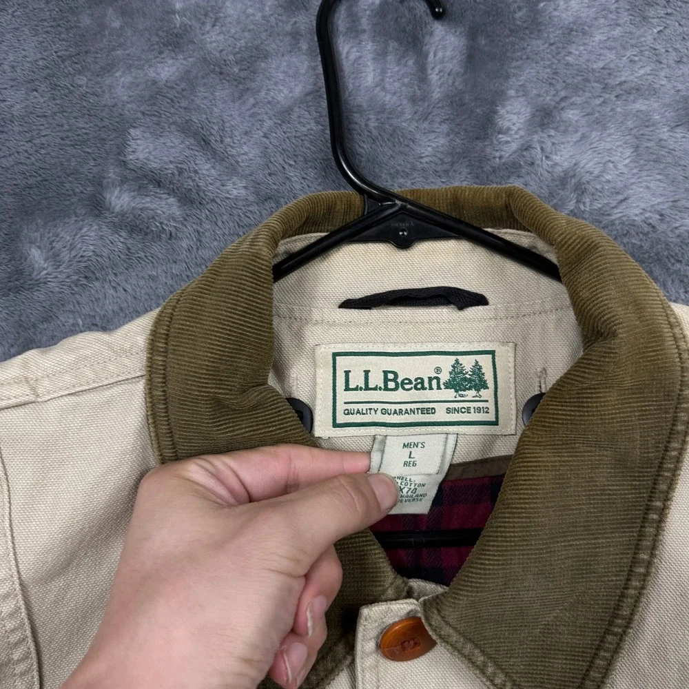 LL Bean Field Coat Mens L Tan Good Flannel Lined Canvas Corduroy Barn Jacket
